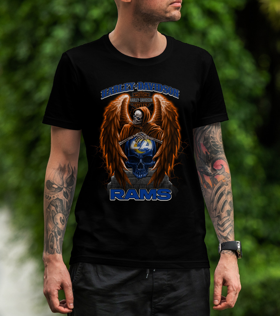 Harley Davidson Motorcycles Los Angeles Rams Nfl Skull Wings T-Shirt