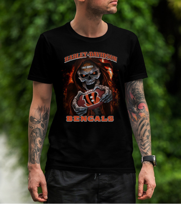 Harley Davidson Motor Cycles Skull Cincinnati Bengals Football T-Shirt