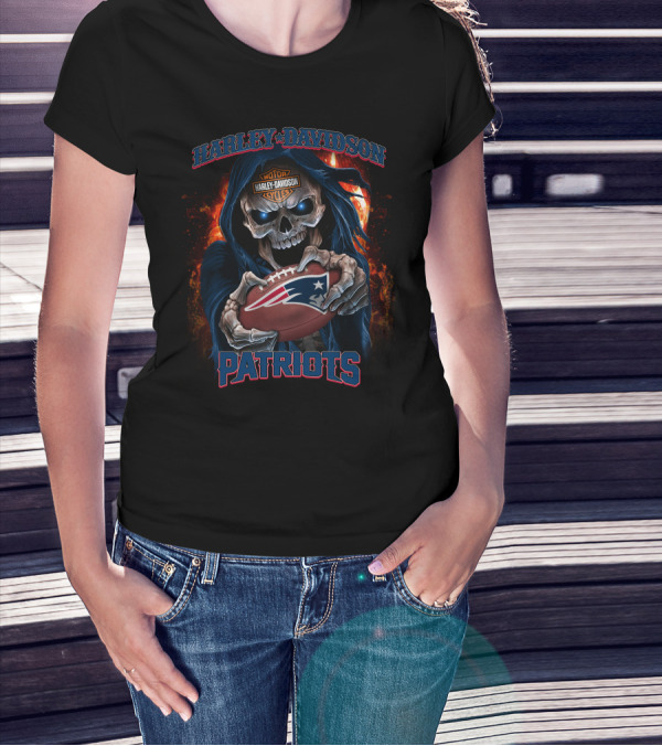Harley Davidson Skull New England Patriots Football T-Shirt