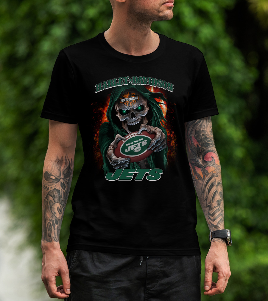 Harley Davidson Motor Cycles New York Jets Skull T-Shirt