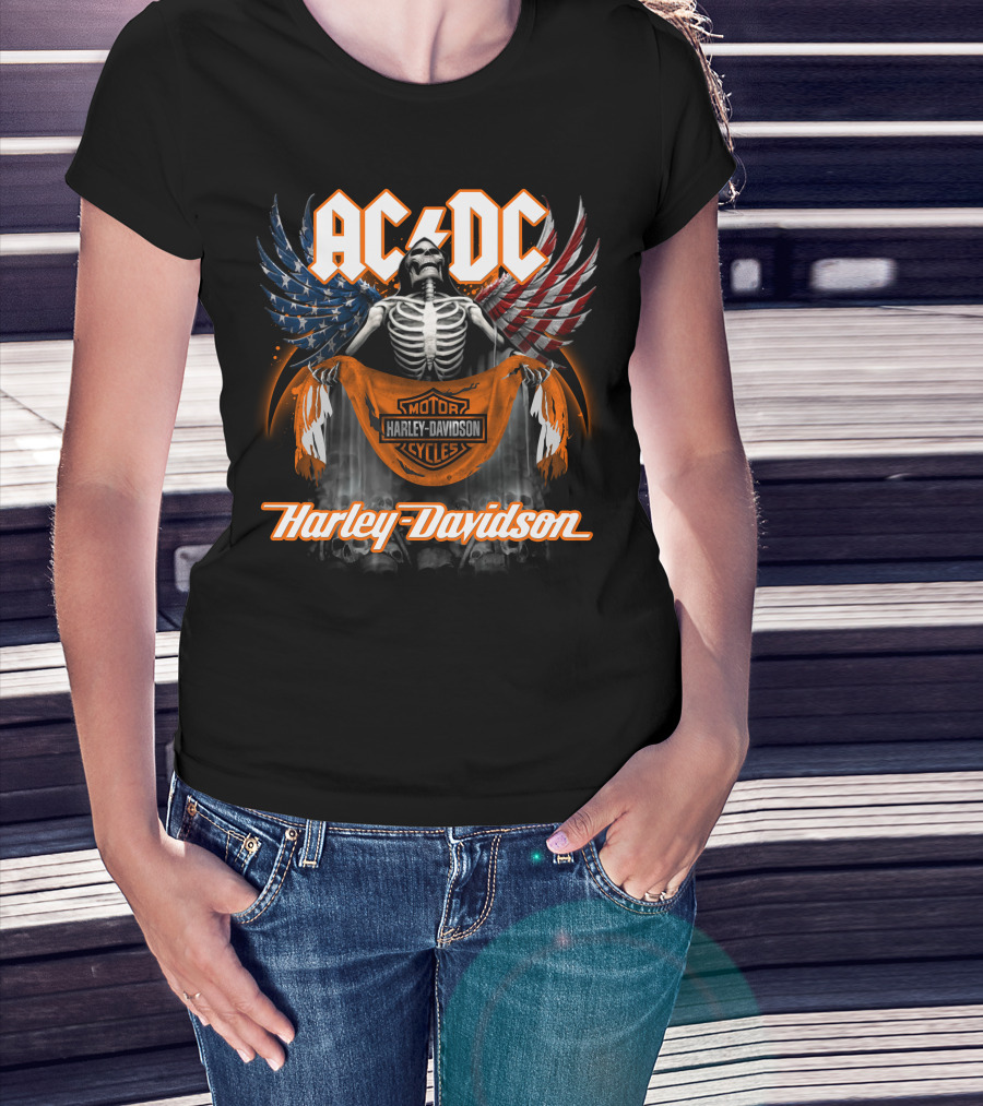 Acdc Harley Davidson Skeleton With American Flag Wings T-Shirt
