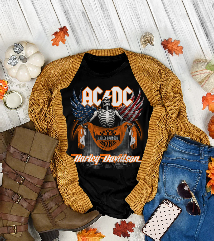 Acdc Harley Davidson Skeleton With American Flag Wings T-Shirt