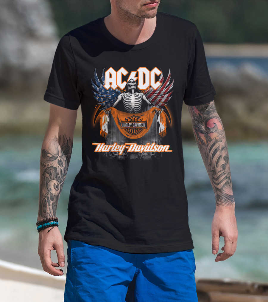Acdc Harley Davidson Skeleton With American Flag Wings T-Shirt