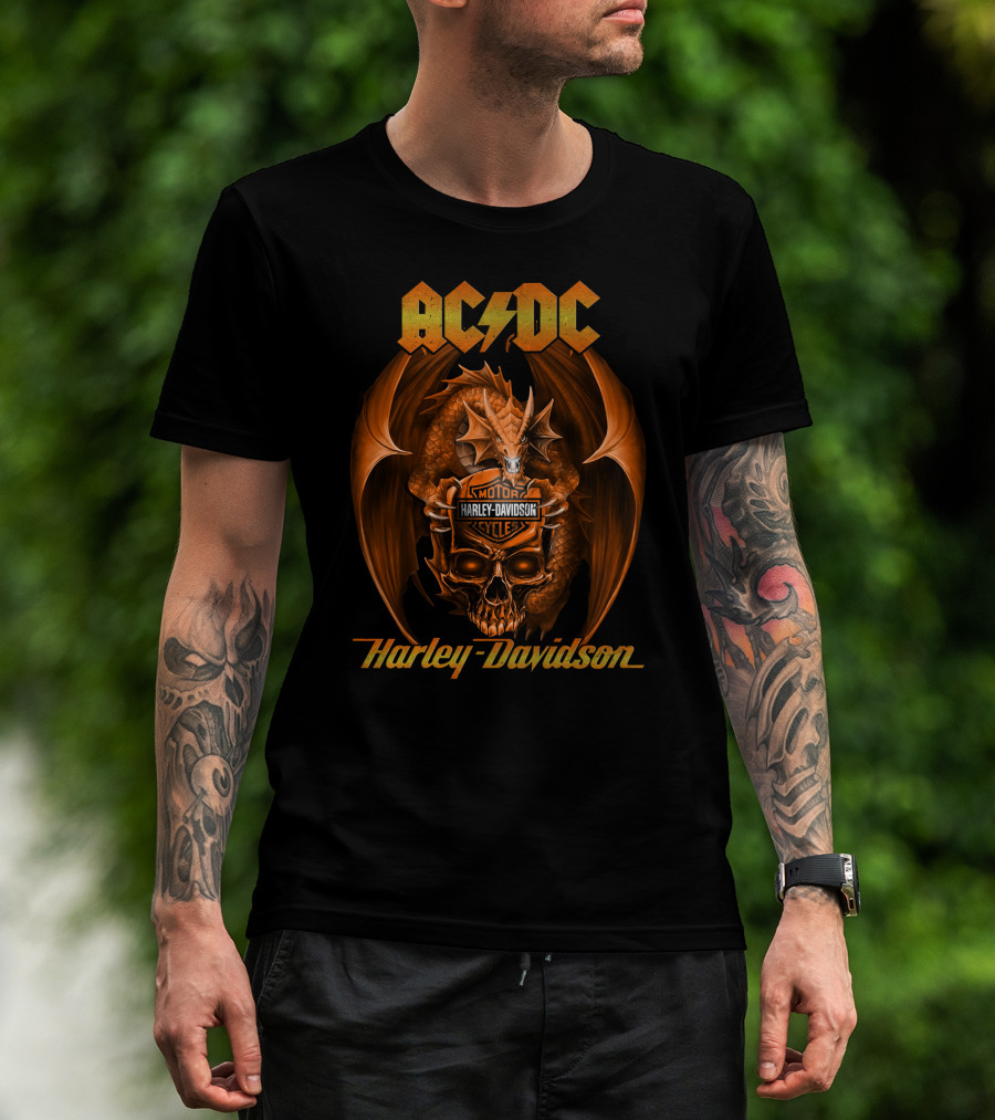 Ac Dc Harley Davidson Motor Cycles Dragon And Skull T-Shirt