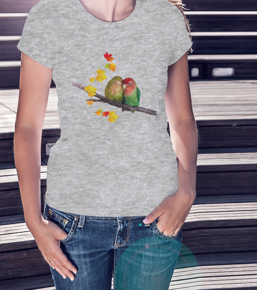 Lovebirds With Autumn Leaves On Branch T-Shirt