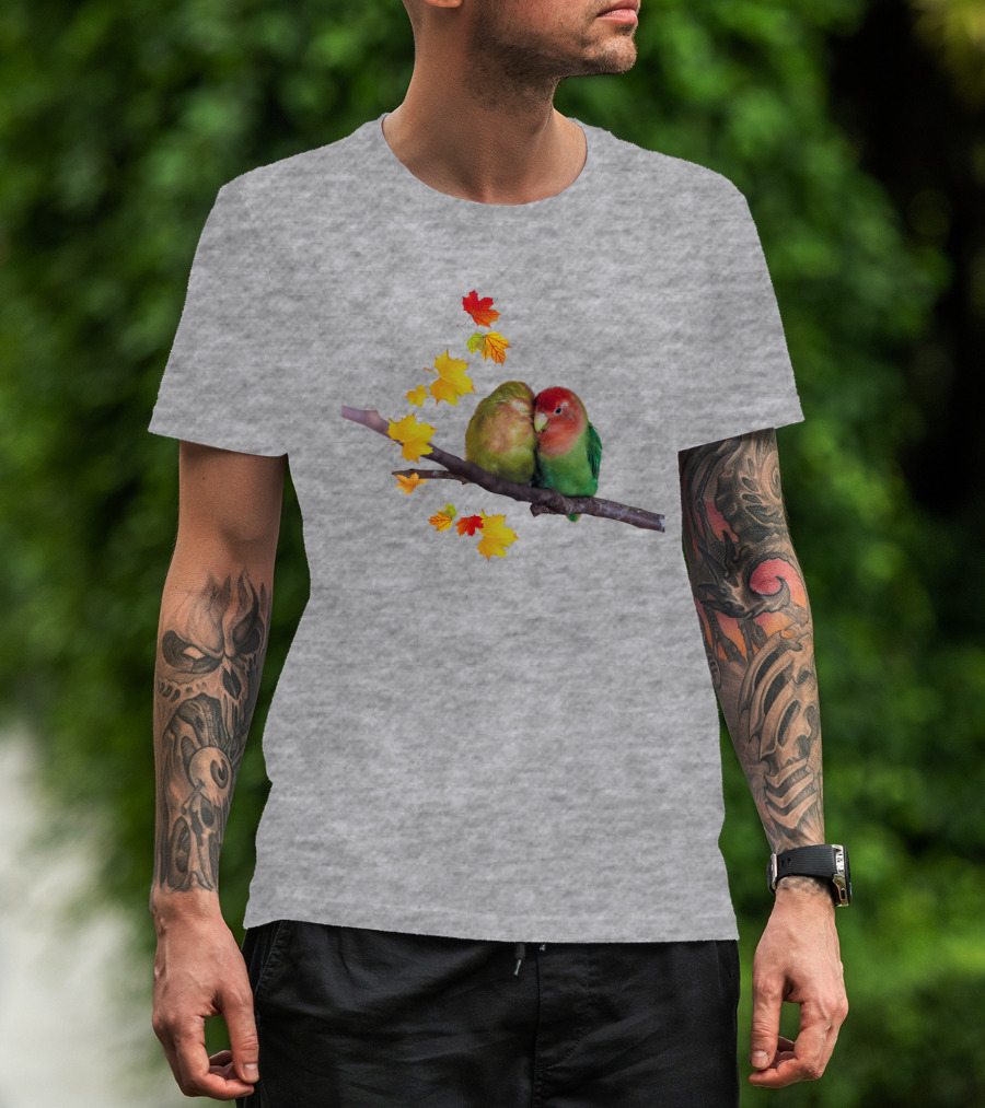 Lovebirds With Autumn Leaves On Branch T-Shirt