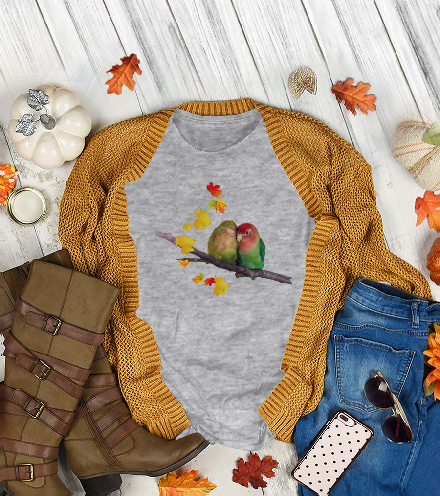 Lovebirds with Autumn Leaves on Branch T-Shirt