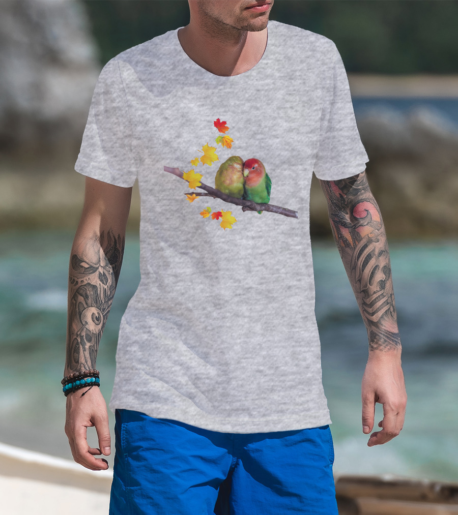 Lovebirds With Autumn Leaves On Branch T-Shirt