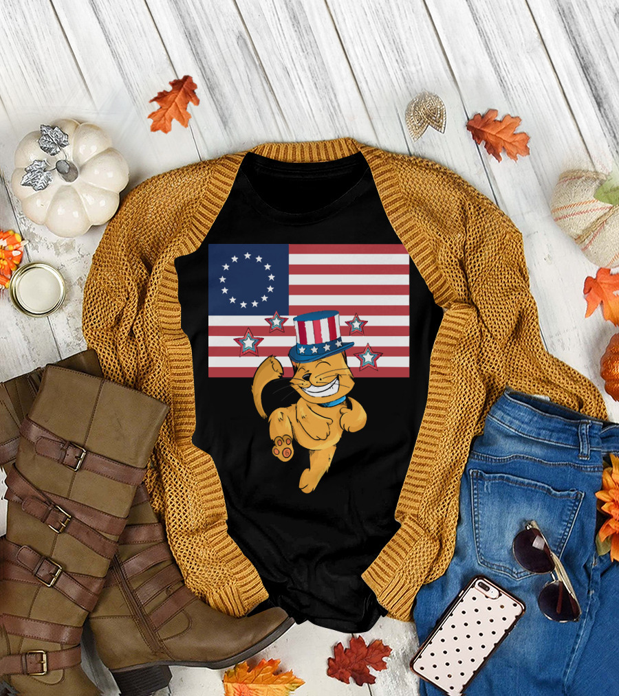Betsy Ross Flag with Patriotic Cat and Stars T-Shirt
