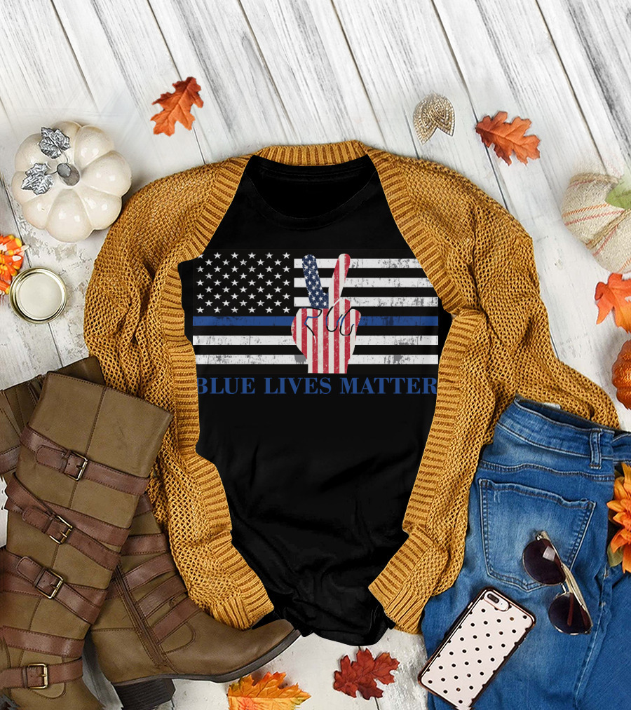 Blue Lives Matter Peace Hand American Flag Thin Blue Line T-Shirt