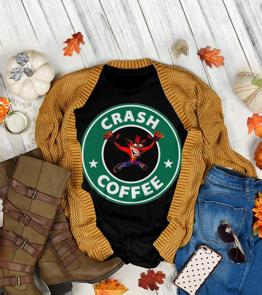 CRASH COFFEE Parody Logo Featuring Cartoon Bandicoot Character T-Shirt