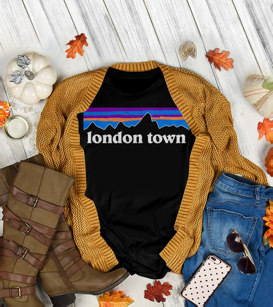 london town mountain silhouette retro sunset stripes T-Shirt