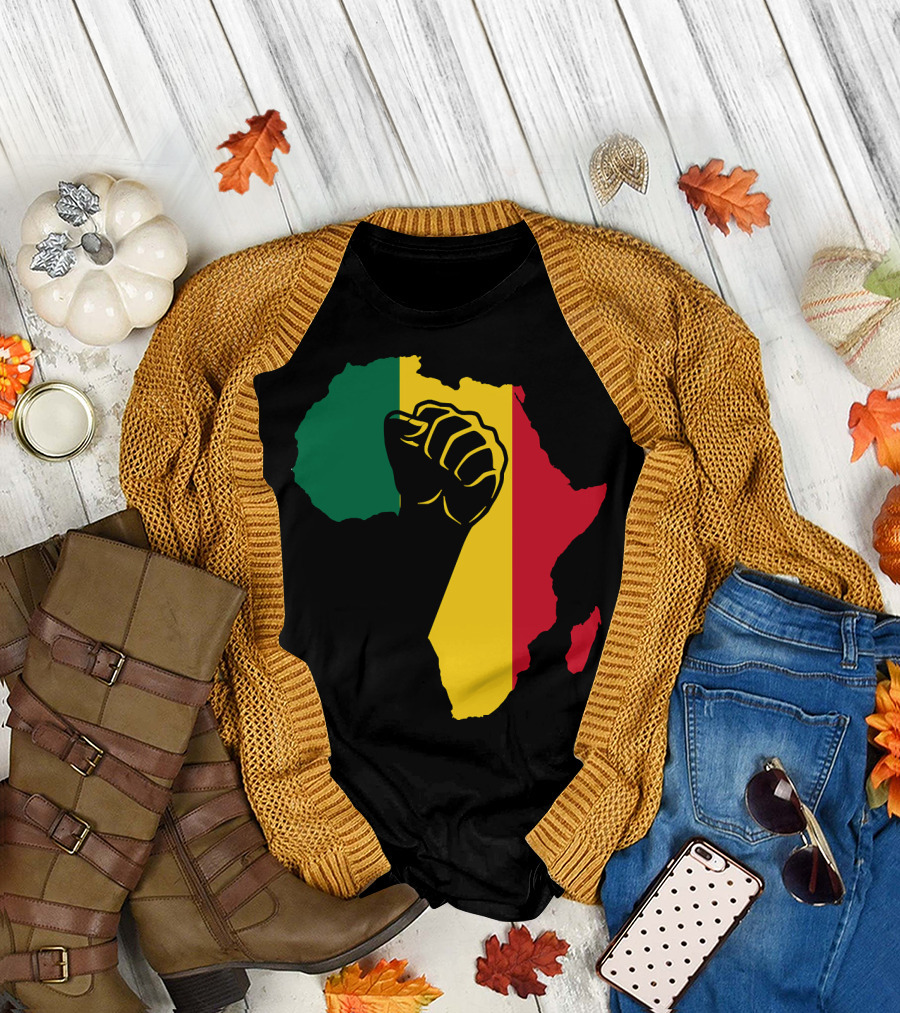 African American Black Power Fist Africa Map Rasta Colors T-Shirt