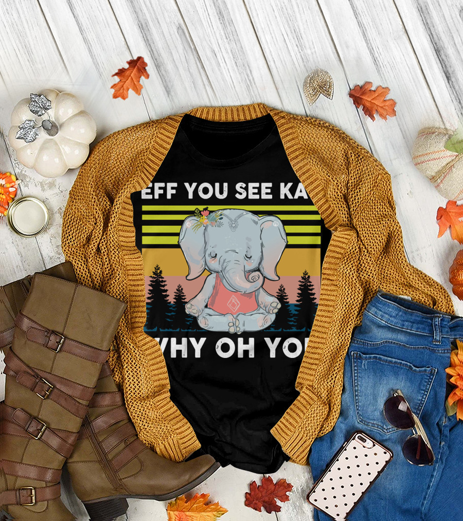 EFF YOU SEE KAY WHY OH YOU Elephant Yoga Retro Stripes and Trees T-Shirt