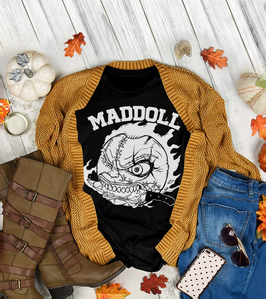 Maddoll Creepy Stitched Doll Face with Flame and Knife T-Shirt