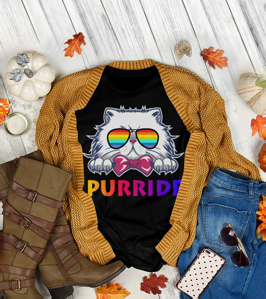 Purride Rainbow Sunglasses Cat with Bow Tie T-Shirt