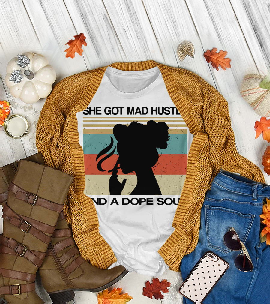 She Got Mad Hustle And A Dope Soul Retro Silhouette Smoking Stripes T-Shirt