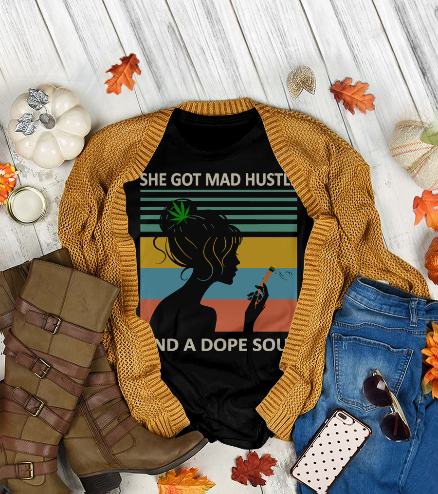 She Got Mad Hustle And A Dope Soul Weed Silhouette With Joint Retro Stripes T-Shirt