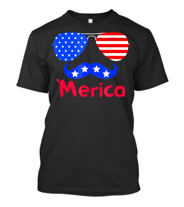 'Merica Patriotic Glasses Mustache American Flag Stars T-Shirt
