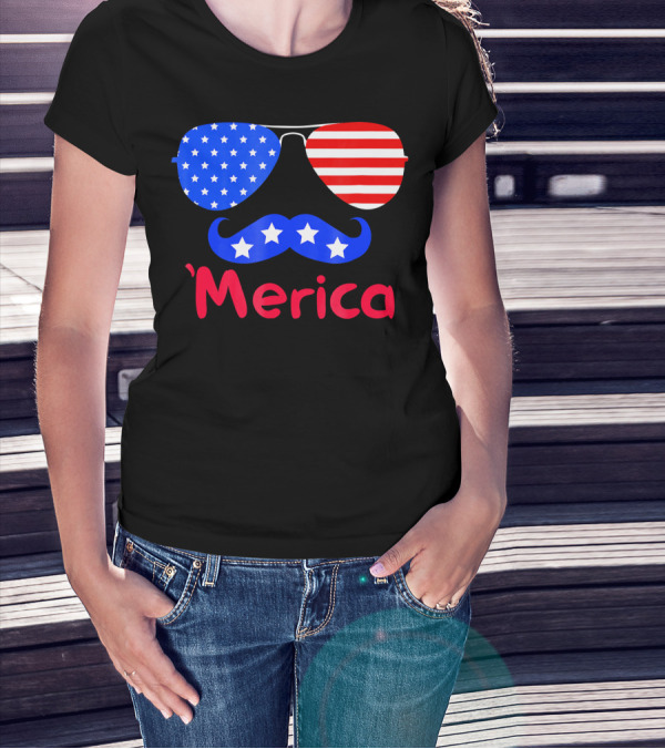 'Merica Patriotic Glasses Mustache American Flag Stars T-Shirt