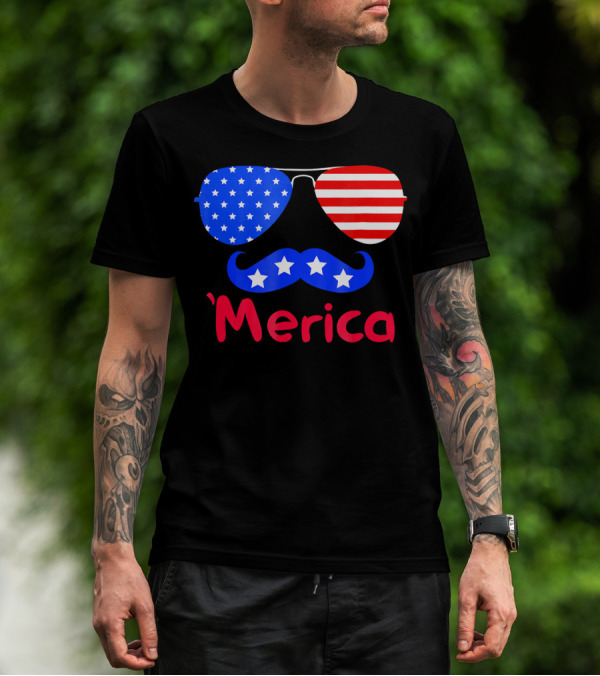 'Merica Patriotic Glasses Mustache American Flag Stars T-Shirt