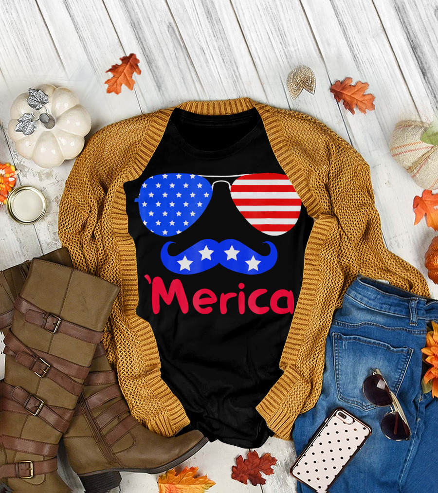 'Merica Patriotic Glasses Mustache American Flag Stars T-Shirt