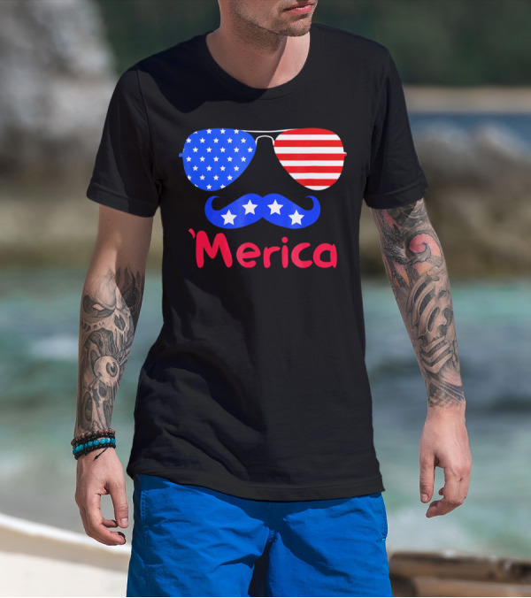 'Merica Patriotic Glasses Mustache American Flag Stars T-Shirt