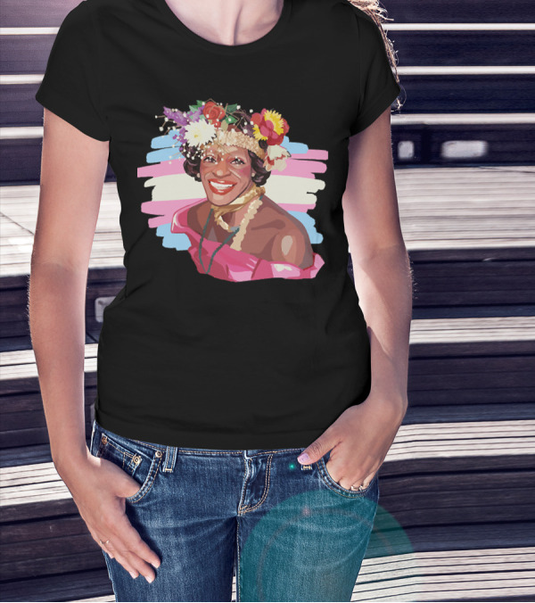 Marsha P. Johnson Floral Crown Portrait With Transgender Flag Stripes T-Shirt
