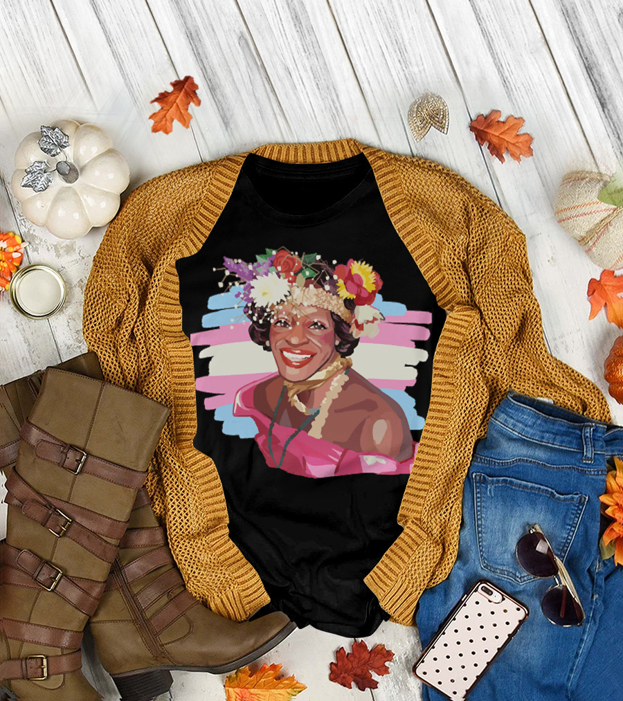 Marsha P. Johnson Floral Crown Portrait with Transgender Flag Stripes T-Shirt