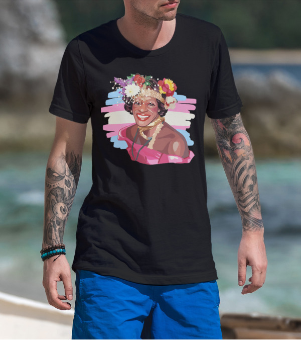 Marsha P. Johnson Floral Crown Portrait With Transgender Flag Stripes T-Shirt