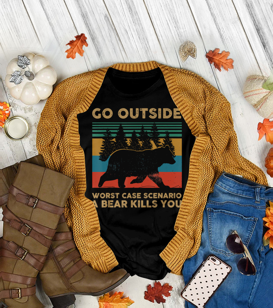 Go Outside Worst Case Scenario A Bear Kills You Retro Bear and Forest Stripes T-Shirt