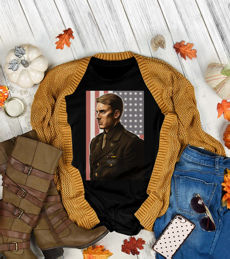 Captain Steve Rogers Military Portrait with American Flag Background T-Shirt