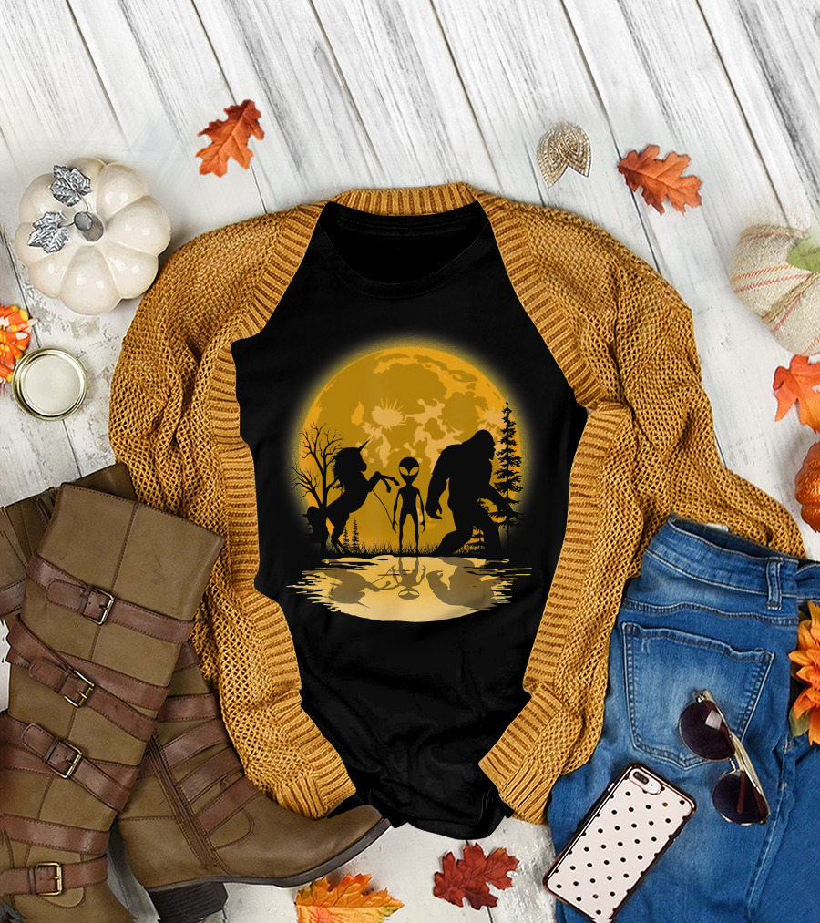 Bigfoot Alien Unicorn Fishing Adventure Under Full Moon T-Shirt