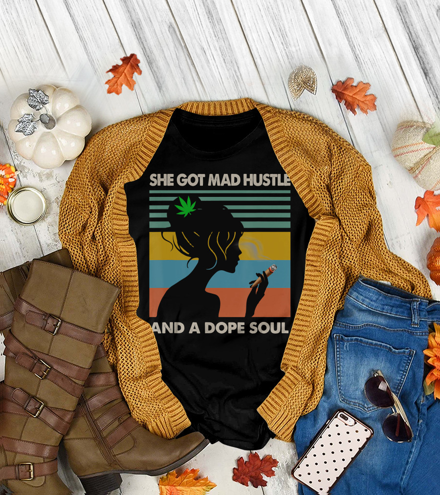She Got Mad Hustle And A Dope Soul Cannabis Vintage 15 Retro Woman Silhouette Smoking Joint T-Shirt