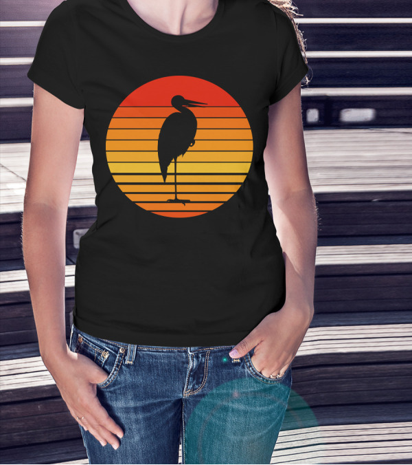 Heron Bird Silhouette Against Sunset Stripes T-Shirt