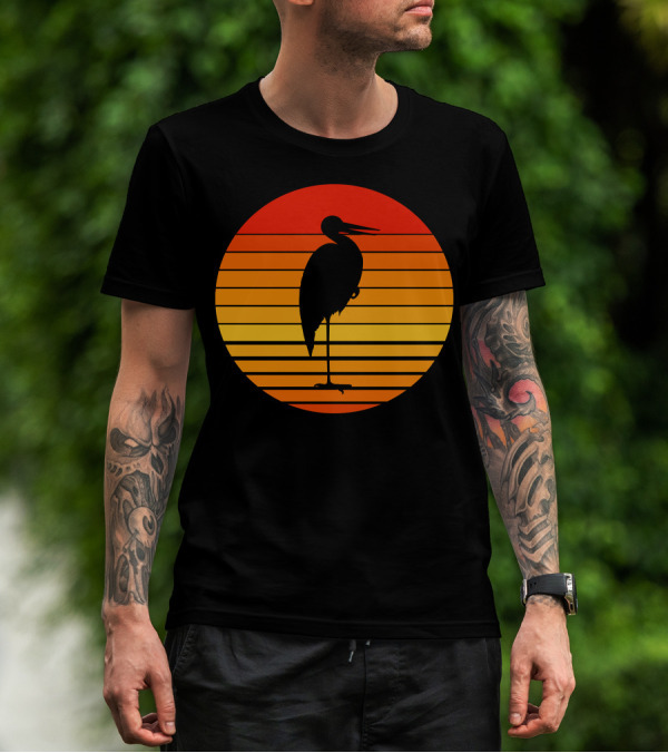 Heron Bird Silhouette Against Sunset Stripes T-Shirt