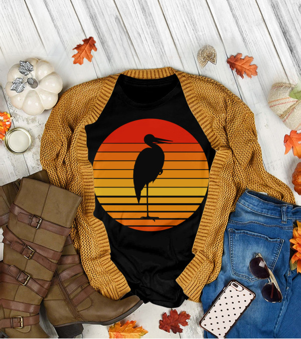 Heron Bird Silhouette Against Sunset Stripes T-Shirt