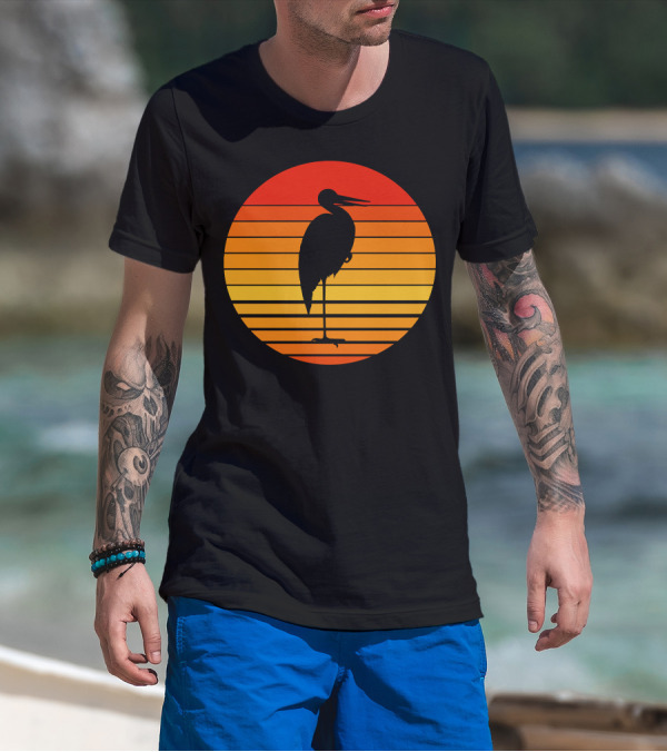 Heron Bird Silhouette Against Sunset Stripes T-Shirt