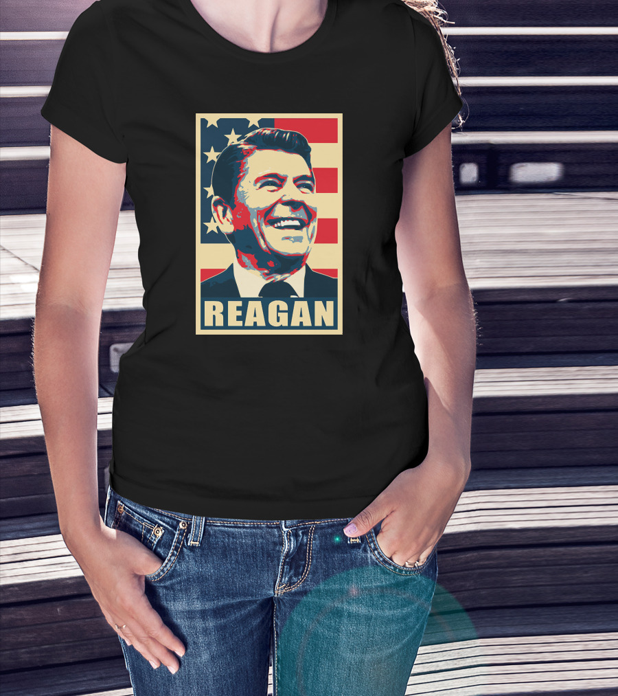 Ronald Reagan Smiling American Flag Background Reagan T-Shirt