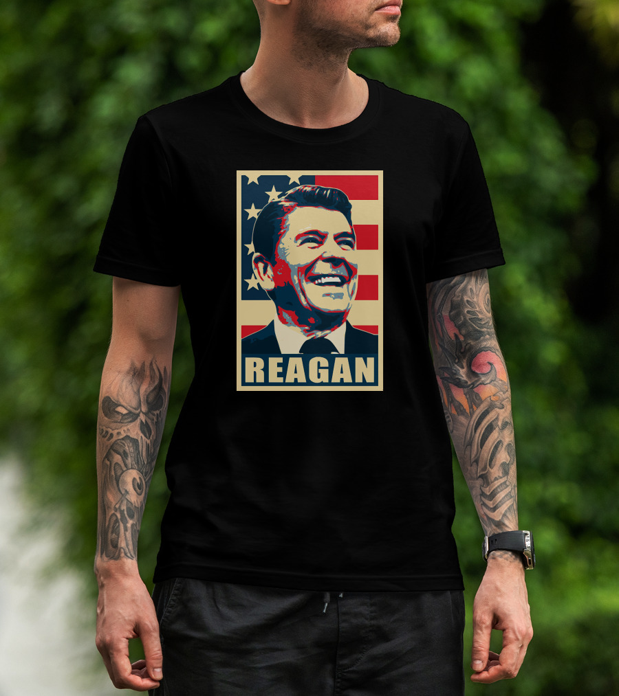 Ronald Reagan Smiling American Flag Background Reagan T-Shirt