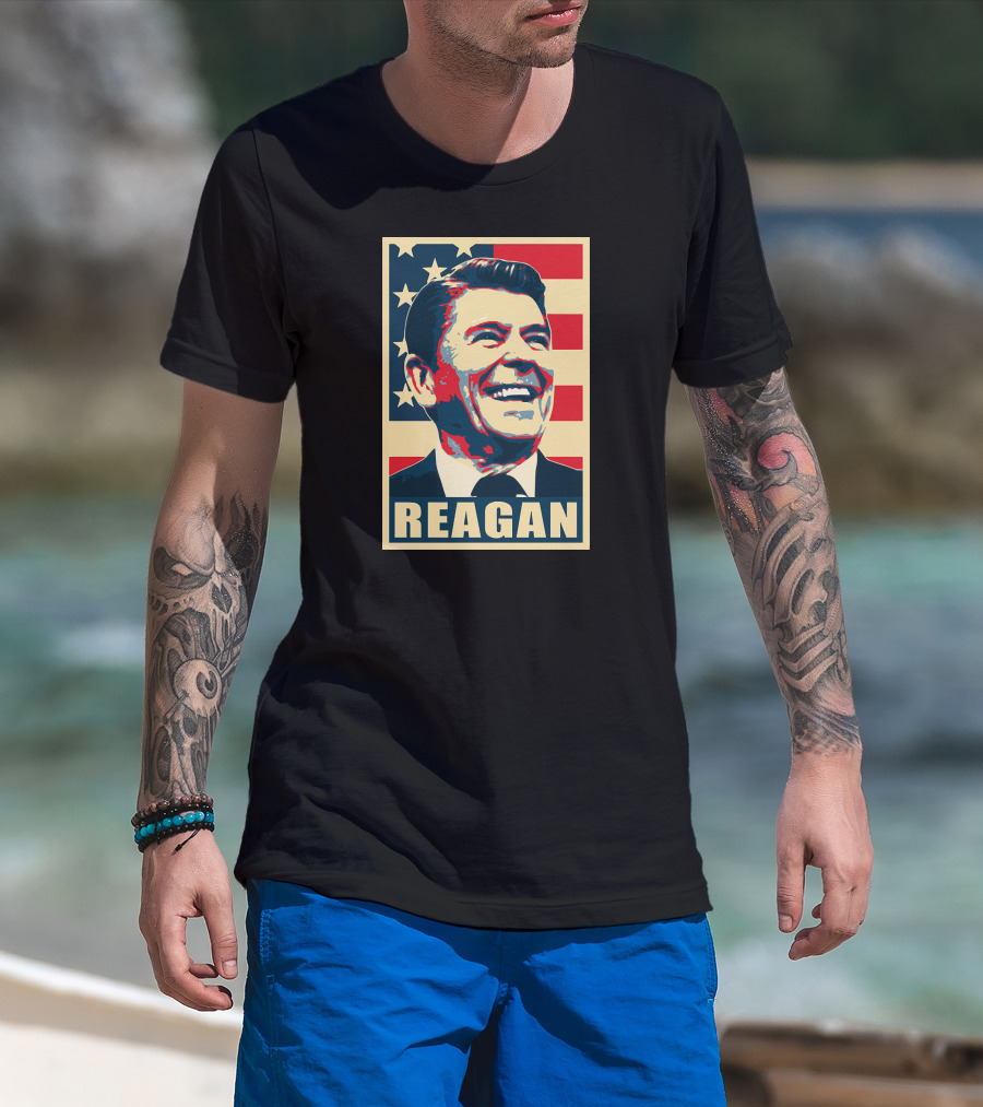 Ronald Reagan Smiling American Flag Background Reagan T-Shirt