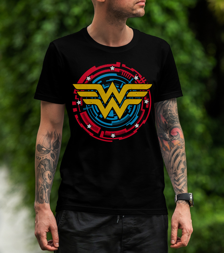 Wonder Woman Symbol In Red And Blue Circle With Stars T-Shirt