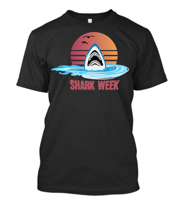 Shark Week Sunset Ocean Waves Shark Fin With Birds T-Shirt