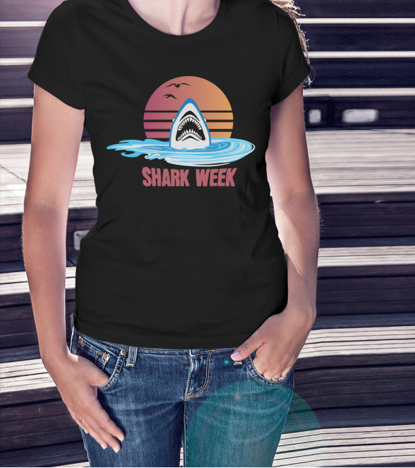Shark Week Sunset Ocean Waves Shark Fin With Birds T-Shirt