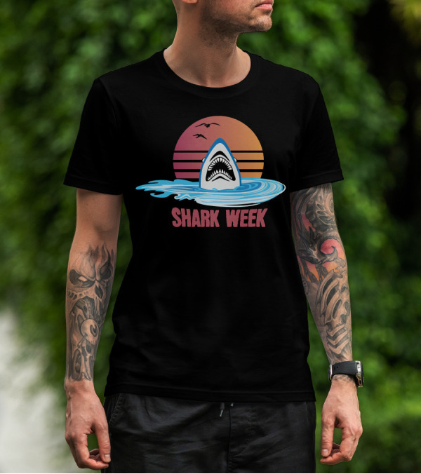 Shark Week Sunset Ocean Waves Shark Fin With Birds T-Shirt