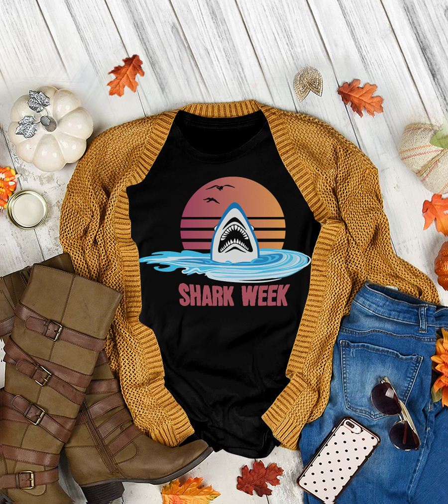 Shark Week Sunset Ocean Waves Shark Fin With Birds T-Shirt