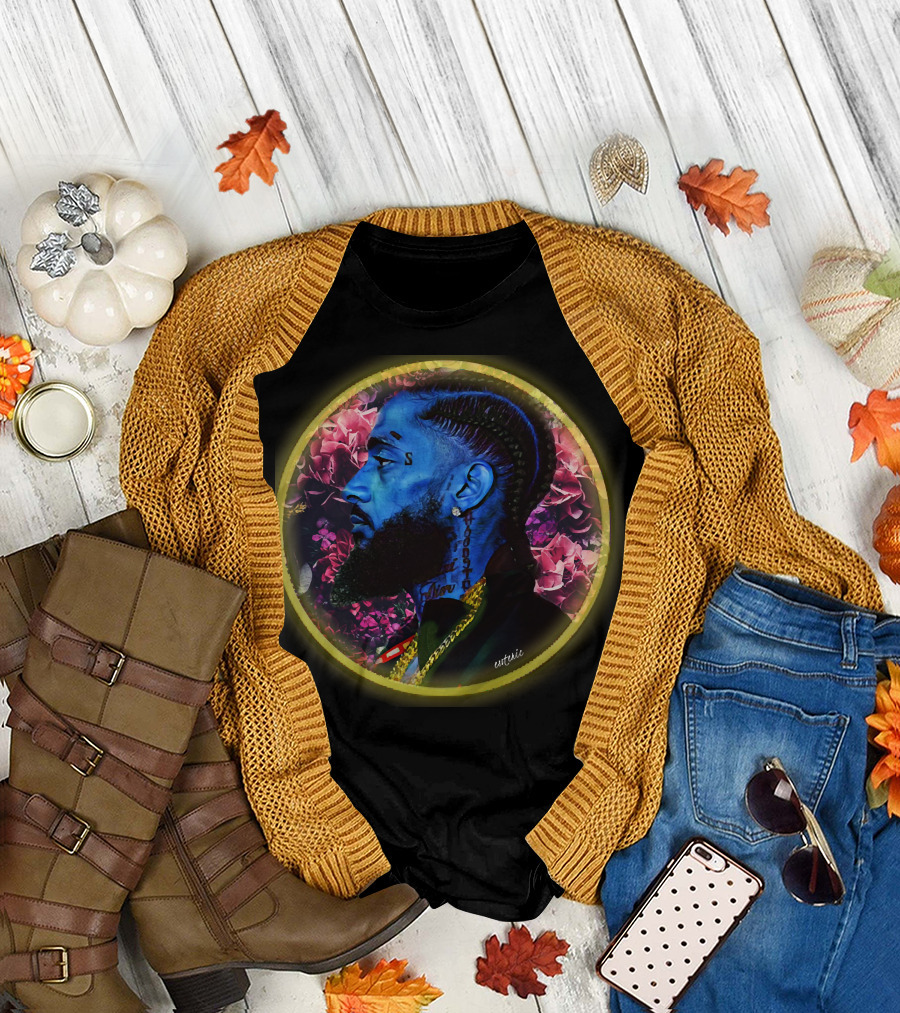 Rest in Power Nipsey Blue Portrait with Floral Halo T-Shirt