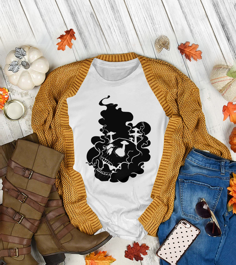 Black Skull with Fungi and Smoke T-Shirt