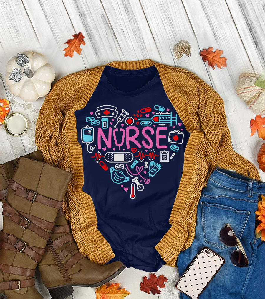 Nurse RN Life Nursing Student Love Medical Icons Heart T-Shirt