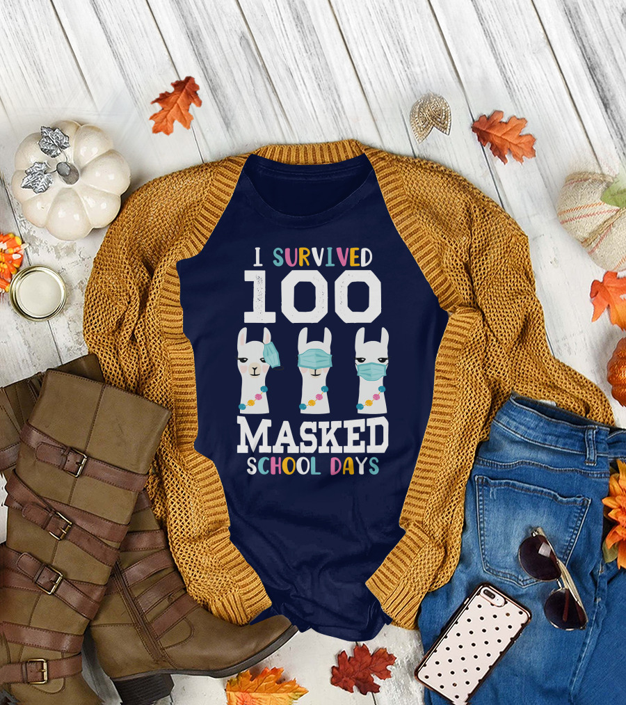 I Survived 100 Masked School Days Llama Wearing Face Masks T-Shirt